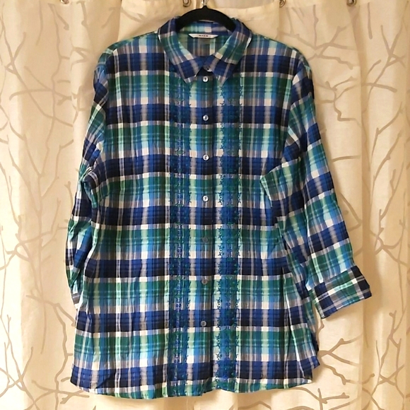 Vintage ALIA Sz. 18 Plaid Embroidered Blouse - Picture 1 of 5